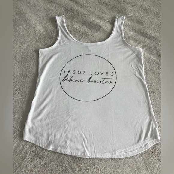 White “Jesus Loves Bikini Baristas” Tank Top Women’s Size S - Picture 2 of 9
